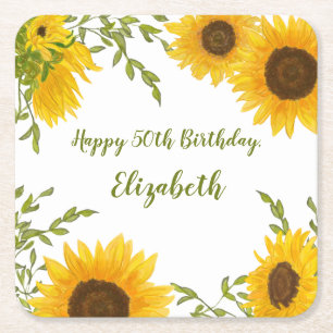 Posavasos Cuadrado De Papel Posavasos de girasoles al acuarela para cumpleaños