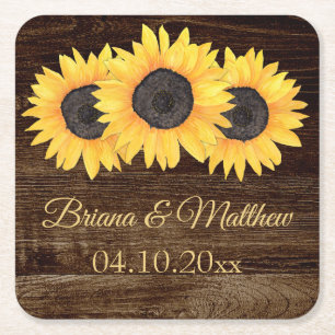 Posavasos Cuadrado De Papel Posavasos de madera con girasoles campestres rústi