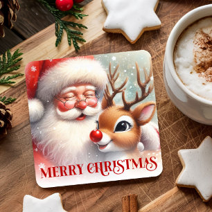 Posavasos Cuadrado De Papel Posavasos de Santa Claus Rudolph Navidad acuarela