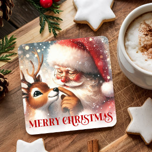 Posavasos Cuadrado De Papel Posavasos festivos de Santa Claus y Rudolph clásic