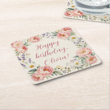Posavasos personalizado de flores Feliz Cumpleaños