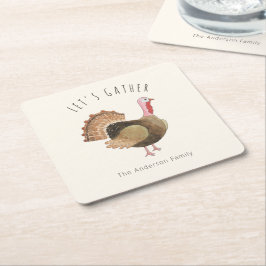 Posavasos Cuadrado De Papel Posavasos personalizado de pavo con acuarela rústi