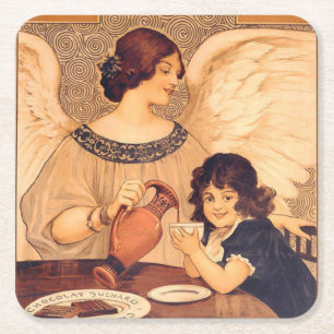 Posavasos Cuadrado De Papel Póster Antiguo del Ángel de Chocolate Francés: Art