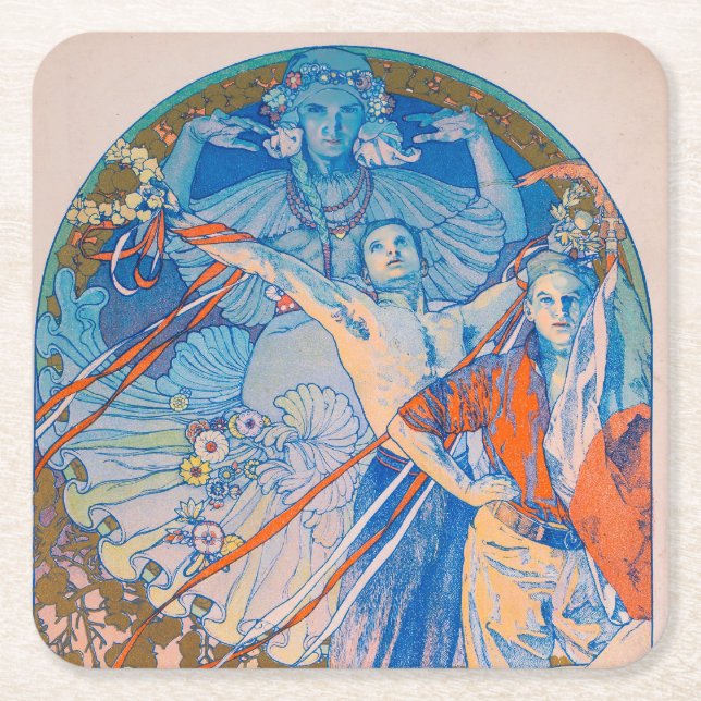 Posavasos Cuadrado De Papel Poster de Alphonse Mucha en el Festival Sokol (192 (Anverso)