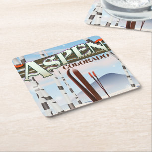 Posavasos Cuadrado De Papel Póster de esquí al estilo vintage de Aspen Colorad