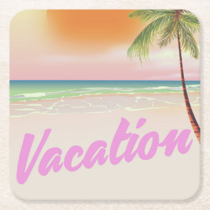 Posavasos Cuadrado De Papel Póster de playa de vacaciones vintage de los 80