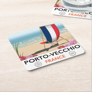 Posavasos Cuadrado De Papel Póster de viaje a la playa de Porto-Vecchio, Franc