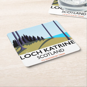 Posavasos Cuadrado De Papel Póster de viaje a Loch Kattrine Escocia