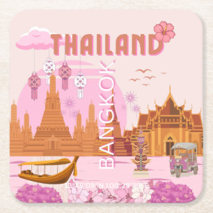 Posavasos Cuadrado De Papel Póster de viaje boho retro de Bangkok Tailandia