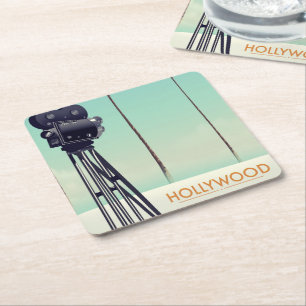 Posavasos Cuadrado De Papel Póster de viaje con cámara vintage de Hollywood