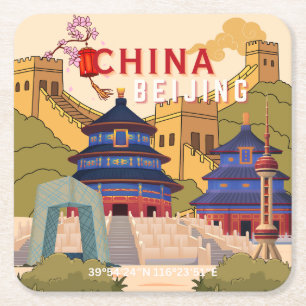 Posavasos Cuadrado De Papel Póster de viaje de Pekín China Arte mural de ciu