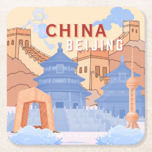 Posavasos Cuadrado De Papel Póster de viaje de Pekín China Azul pastel y mel