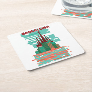 Posavasos Cuadrado De Papel Póster de viaje retro de Barcelona