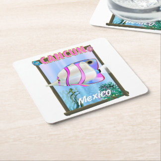 Posavasos Cuadrado De Papel Póster de viaje tropical mexicano de Cancun