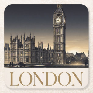 Posavasos Cuadrado De Papel Póster de viaje vintage de Londres con Big Ben