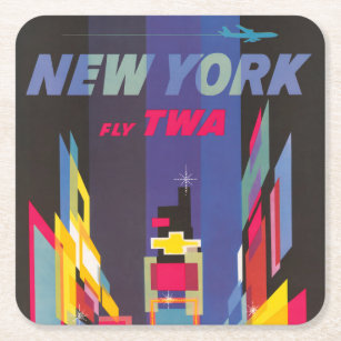 Posavasos Cuadrado De Papel Poster de Viajes Vintage, Fly Twa, Nueva York