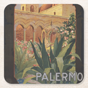 Posavasos Cuadrado De Papel Poster De Viajes Vintage Para Palermo, Italia.