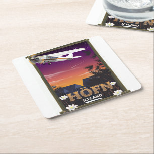 Posavasos Cuadrado De Papel Póster de vuelo de Höfn Islandia