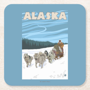 Posavasos Cuadrado De Papel Poster del viaje del vintage de AlaskaDogsledding