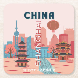 Posavasos Cuadrado De Papel Póster Retro Vintage de Viajes a Shanghai China