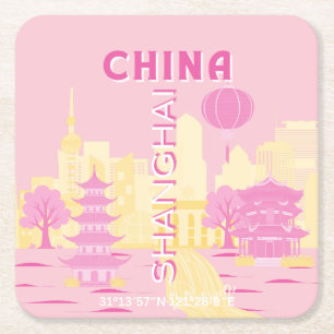 Posavasos Cuadrado De Papel Póster Rosa de Viajes a Shanghai China