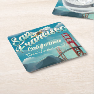 Posavasos Cuadrado De Papel Póster vintage de viaje de vacaciones a San Franci