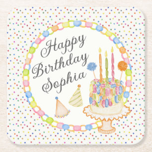 Posavasos Cuadrado De Papel Postre de Cumpleaños con Confeti