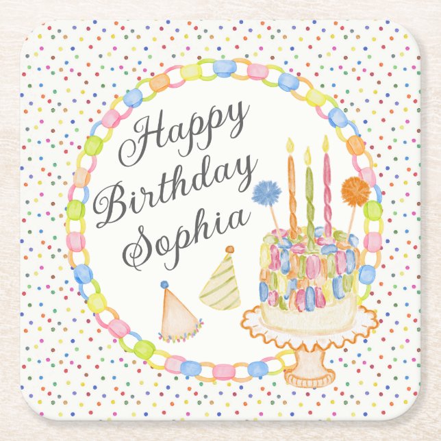 Posavasos Cuadrado De Papel Postre de Cumpleaños con Confeti (Anverso)