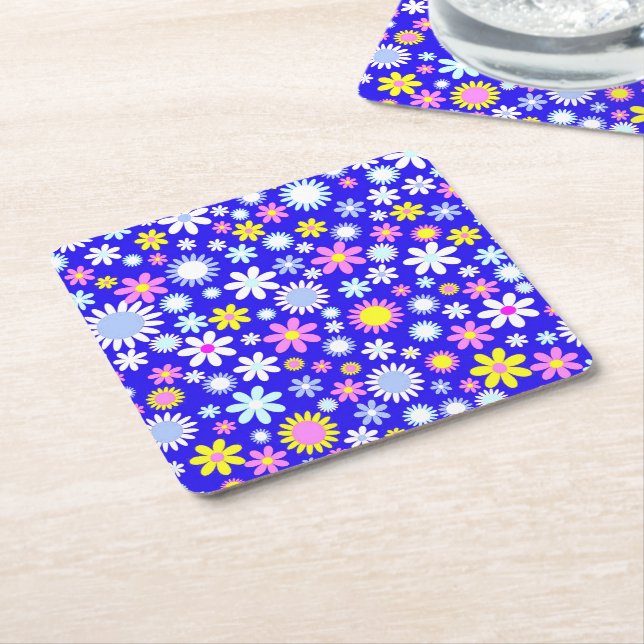 Posavasos Cuadrado De Papel Potencia de las flores azules (En perspectiva)