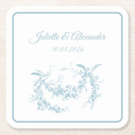 Posavasos Cuadrado De Papel Powder Blue Toile de Jouy Wedding Paper Coasters