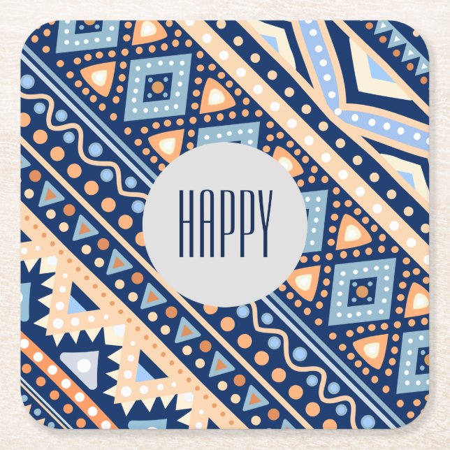 Posavasos Cuadrado De Papel Prácticos de costa étnicos retros azules tribales (Anverso)