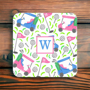 Posavasos Cuadrado De Papel Preámbulo de golf verde azul rosa inicial