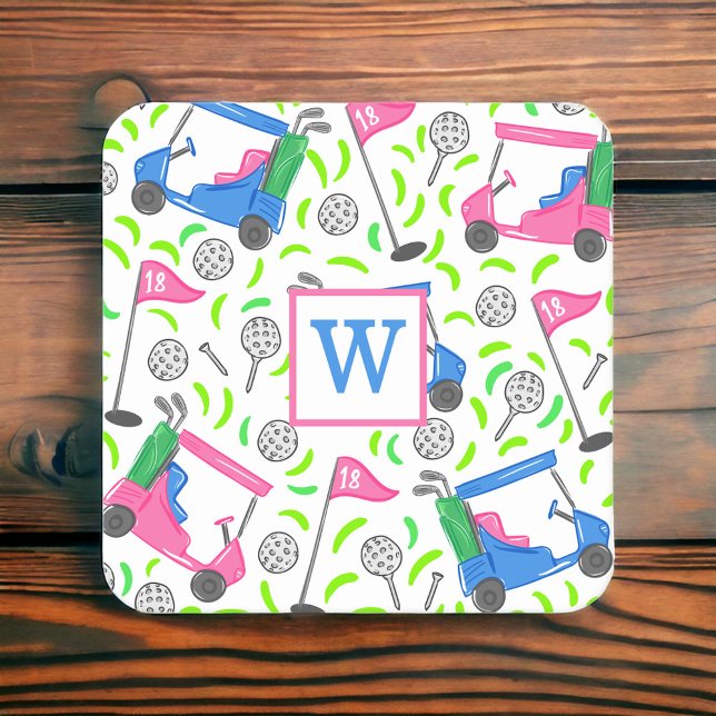 Posavasos Cuadrado De Papel Preámbulo de golf verde azul rosa inicial (Subido por el creador)