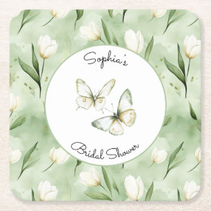 Posavasos Cuadrado De Papel Preciosas Tulipanes Blancas Verdes Ducha de Novia