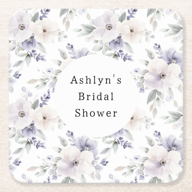 Posavasos Cuadrado De Papel Precioso baño de novia con flores de lavanda marfi (Anverso)