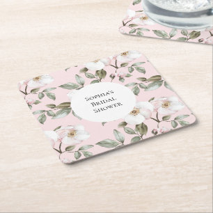 Posavasos Cuadrado De Papel Precioso Baño de Novia de Flores Blancas Rosadas