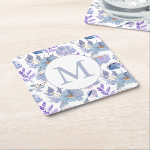 Posavasos Cuadrado De Papel Precioso Monograma Floral Acuarela Lila Azul Polvo