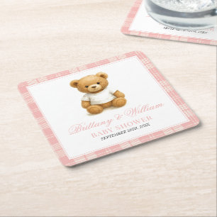 Posavasos Cuadrado De Papel Preppy Bear elegantemente color rosa Baby Shower