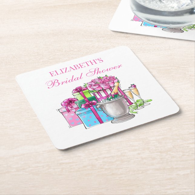 Posavasos Cuadrado De Papel Preppy Bridal Shower Regalos Champagne Rosas (En perspectiva)