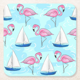 Posavasos Cuadrado De Papel Preppy de barco de vela azul Flamingo rosa