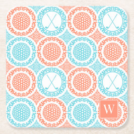 Posavasos Cuadrado De Papel Preppy Golf Damask - Balls & Clubs Coral Turquoise