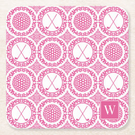 Posavasos Cuadrado De Papel Preppy Golf Damask - Balls & Clubs in Hot Pink