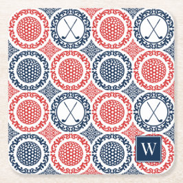 Posavasos Cuadrado De Papel Preppy Golf Damask - Balls & Clubs in Navy & Red