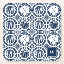 Posavasos Cuadrado De Papel Preppy Golf Damask - Balls & Clubs in Navy & White