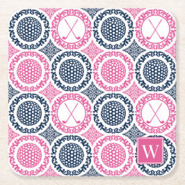 Posavasos Cuadrado De Papel Preppy Golf Damask - Balls & Clubs Navy & Hot Pink
