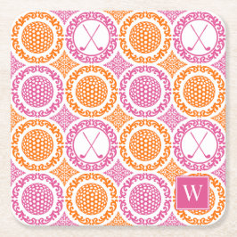 Posavasos Cuadrado De Papel Preppy Golf Damask - Balls & Clubs - Orange & Pink