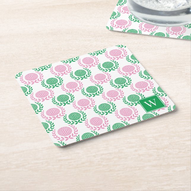 Posavasos Cuadrado De Papel Preppy Golf Laurel Wreath - Pink & Green (En perspectiva)