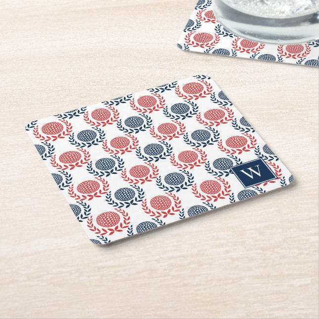 Posavasos Cuadrado De Papel Preppy Golf Laurel Wreath - Red & Navy (En perspectiva)