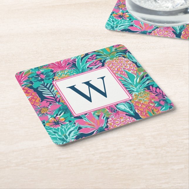 Posavasos Cuadrado De Papel Preppy Pink Teal Navy Blue Pineapple Monogram (En perspectiva)