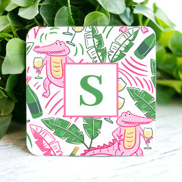 Posavasos Cuadrado De Papel Preppy Rosa Cocodrilo Vino Personalizado Monograma